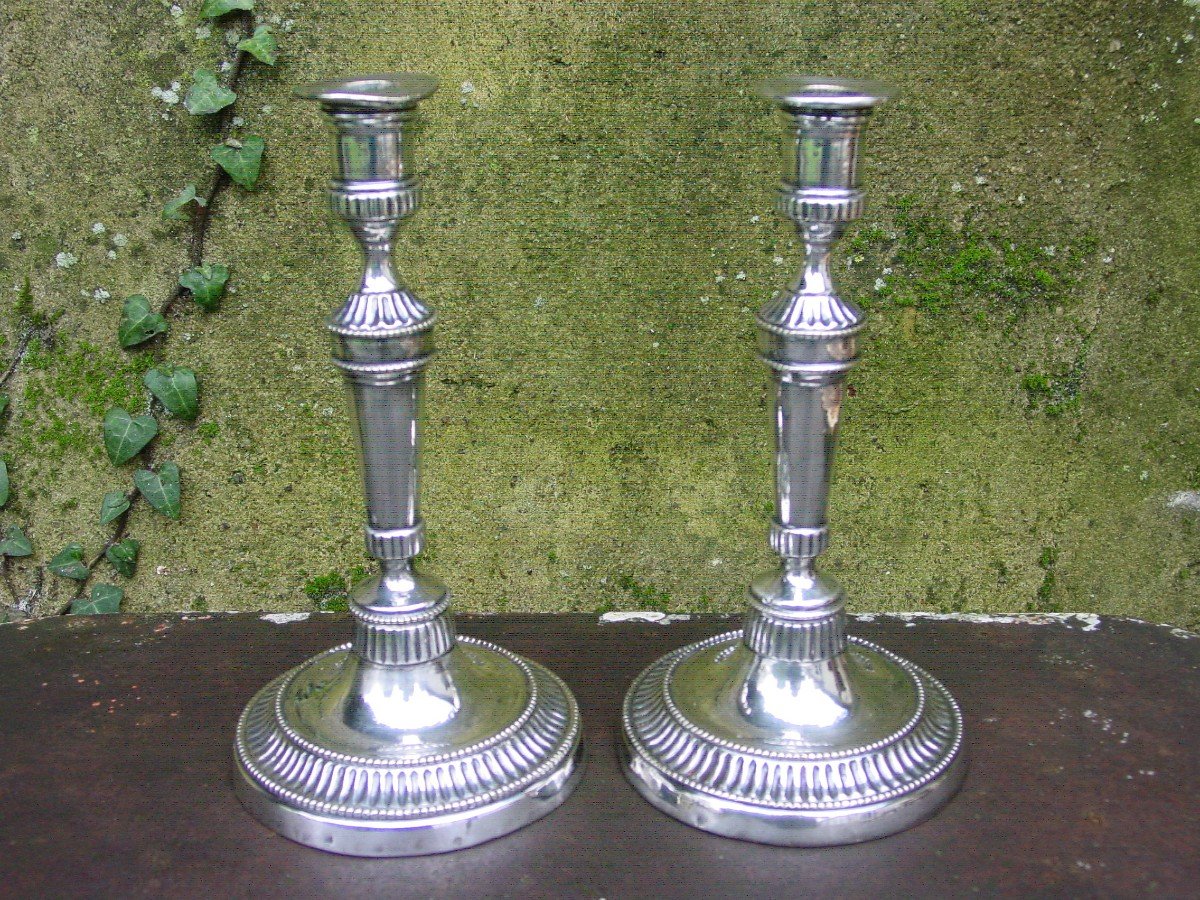 Pair Of 19th Century Louis XVI Silver Metal Candlesticks-photo-2