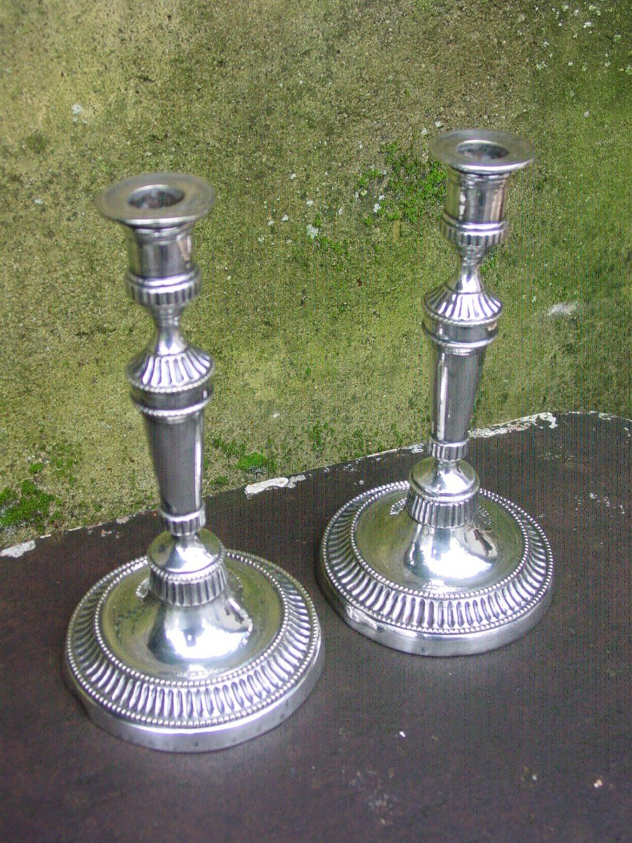 Pair Of 19th Century Louis XVI Silver Metal Candlesticks-photo-3