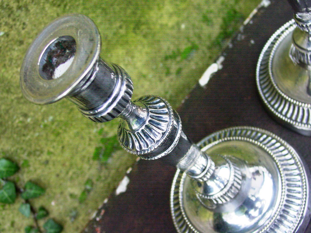 Pair Of 19th Century Louis XVI Silver Metal Candlesticks-photo-4