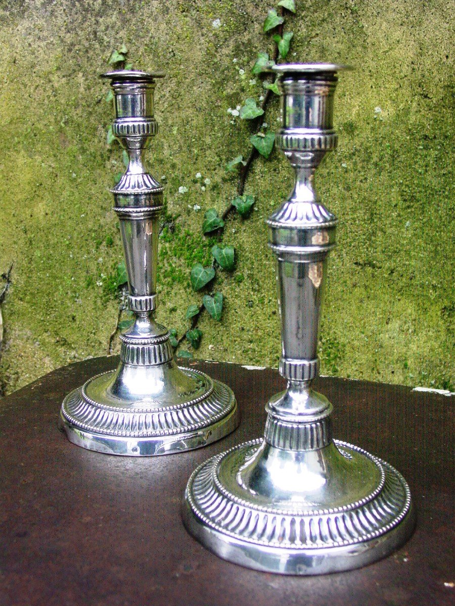 Pair Of 19th Century Louis XVI Silver Metal Candlesticks