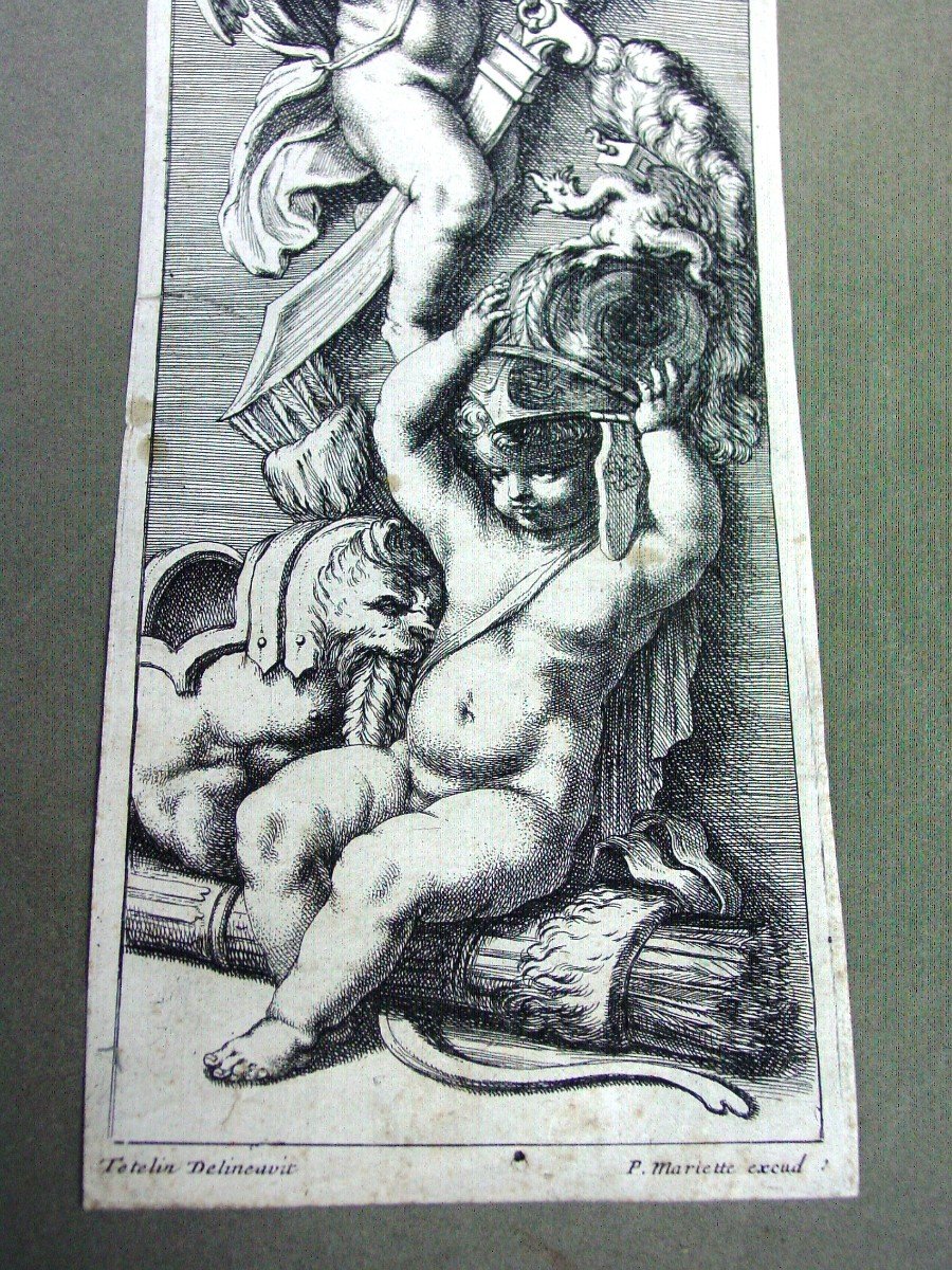 Tételin & Mariette 18ème Putti "s'attaquant" à Une Panoplie Antique Gravure-photo-2