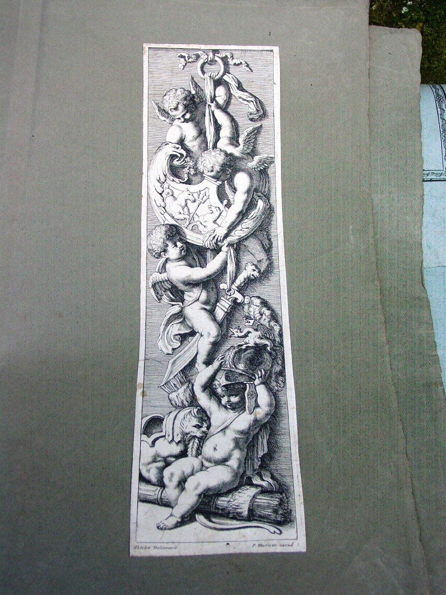 Tételin & Mariette 18ème Putti "s'attaquant" à Une Panoplie Antique Gravure