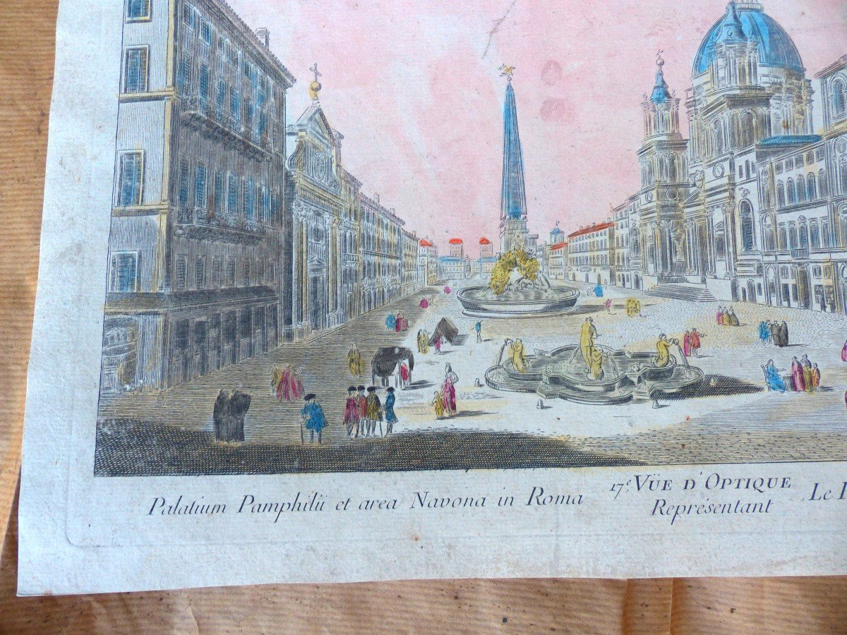 Optical View Of "pamphilius Palace & Piazza Navona In Rome 18th Century Enhanced Watercolor-photo-2