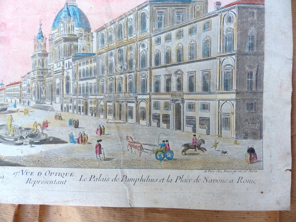 Optical View Of "pamphilius Palace & Piazza Navona In Rome 18th Century Enhanced Watercolor-photo-3