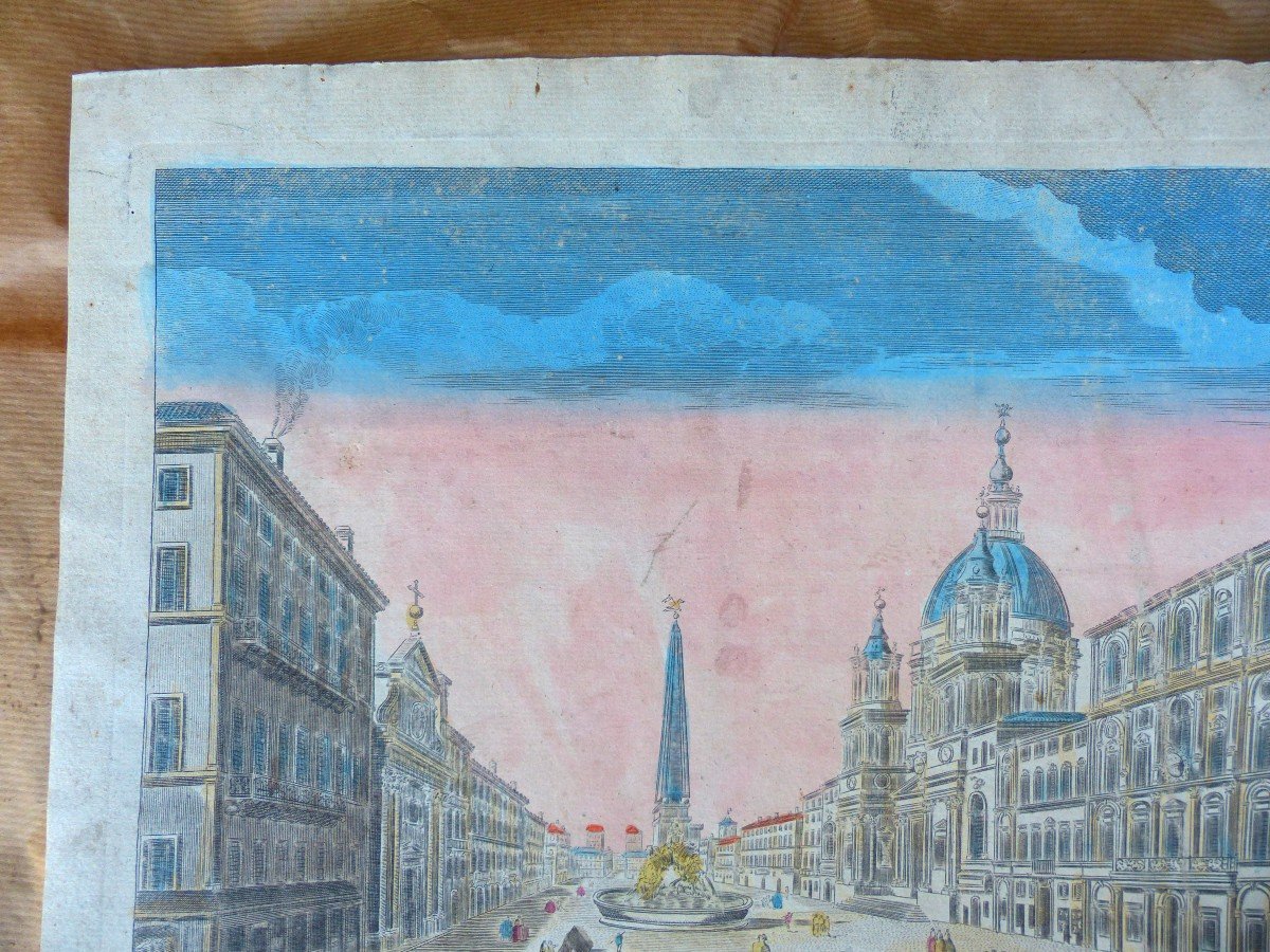 Optical View Of "pamphilius Palace & Piazza Navona In Rome 18th Century Enhanced Watercolor-photo-4