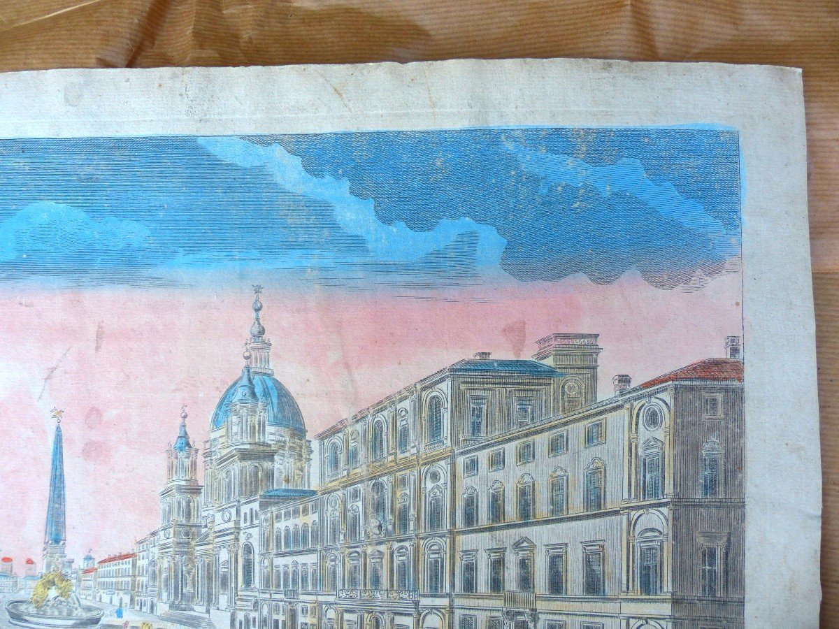 Optical View Of "pamphilius Palace & Piazza Navona In Rome 18th Century Enhanced Watercolor-photo-1