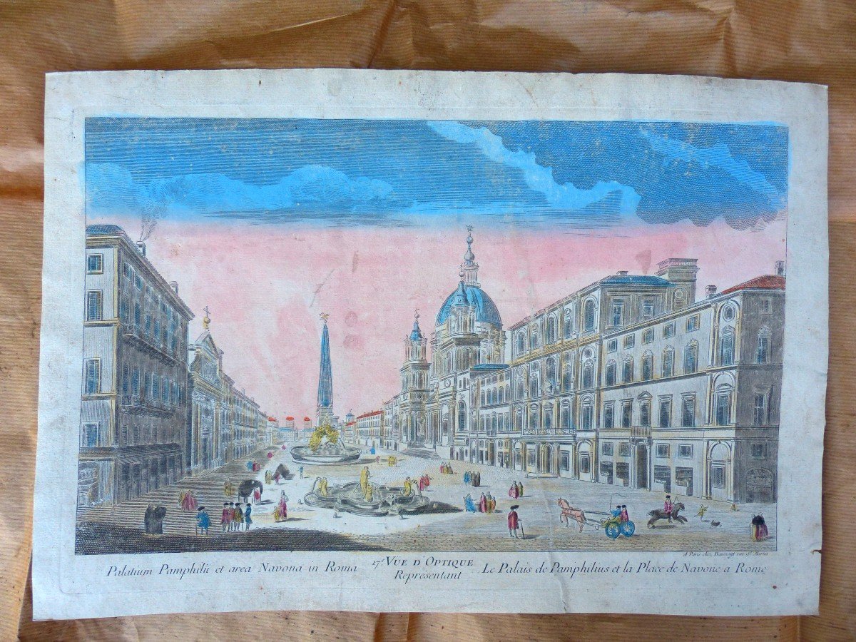 Optical View Of "pamphilius Palace & Piazza Navona In Rome 18th Century Enhanced Watercolor