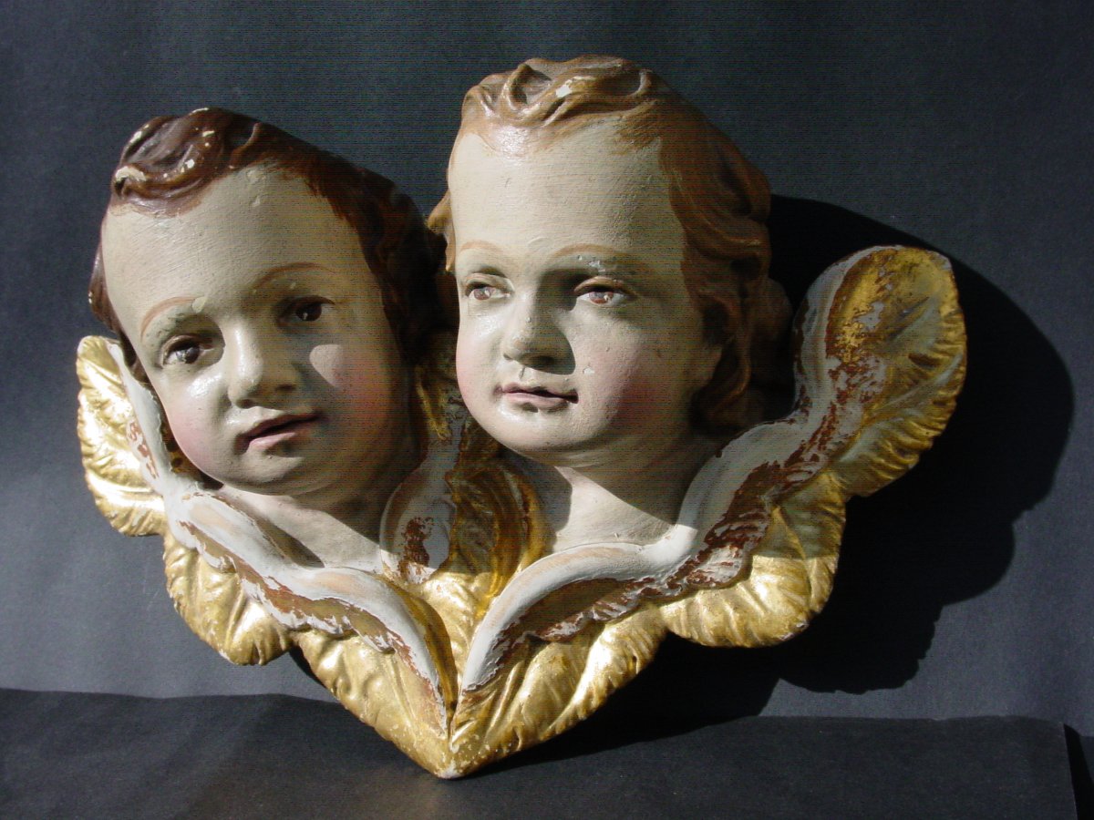 2 Têtes d'Anges Jumeaux  Tilleul Peint & dorés  19ème  Italie baroque, Bavière, Amours Putti -photo-2