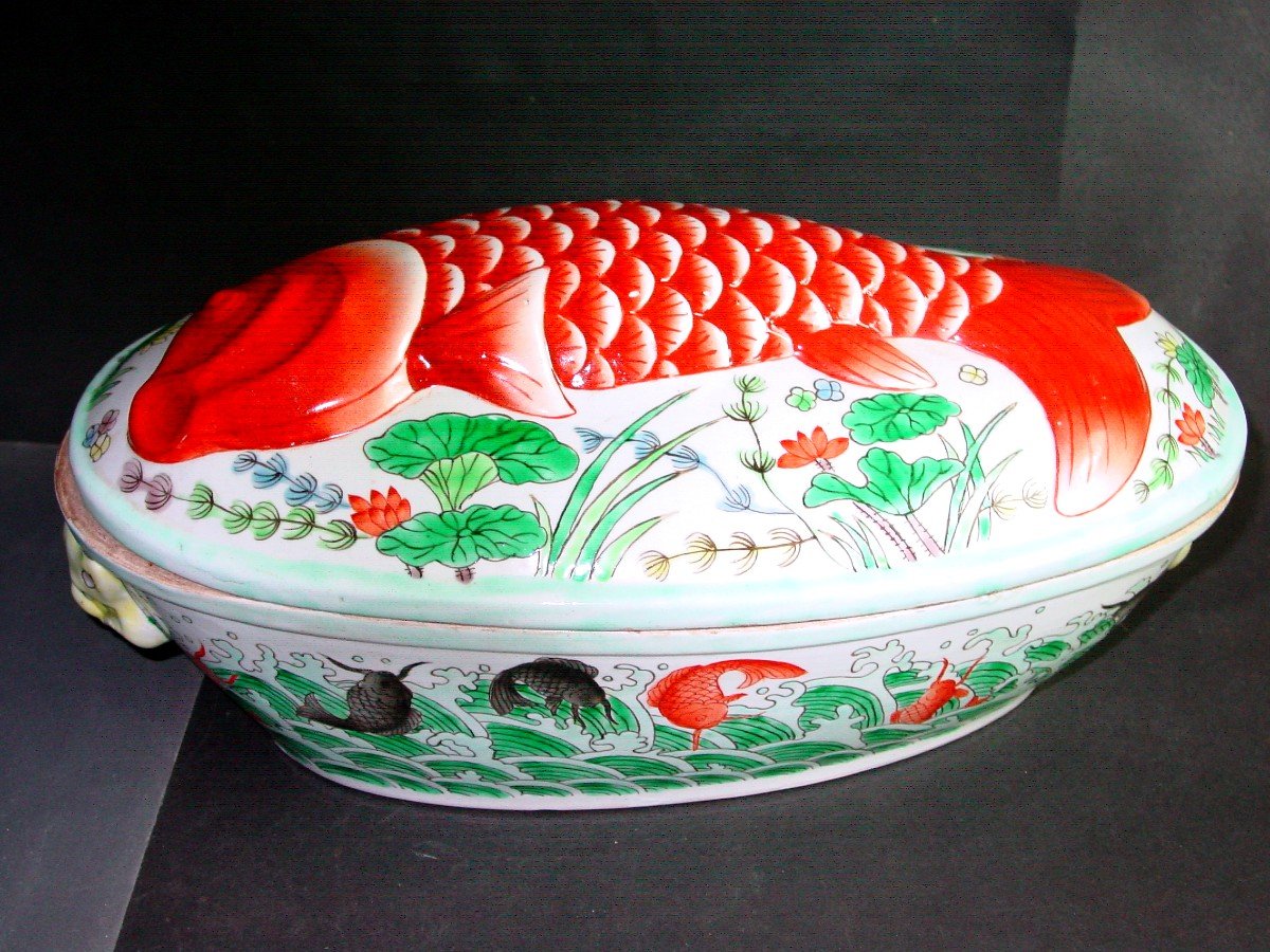 Longue Terrine Japon Epoque Meiji Faïence Décor Poissons Bondissants-photo-3