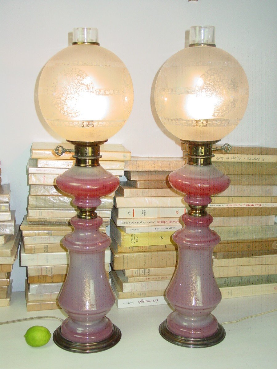 Pair Of Murano Lamps Or Consorts 1960 Styl Charles X Decor Opaline Gorge De Pigeon Gold Spangles-photo-5