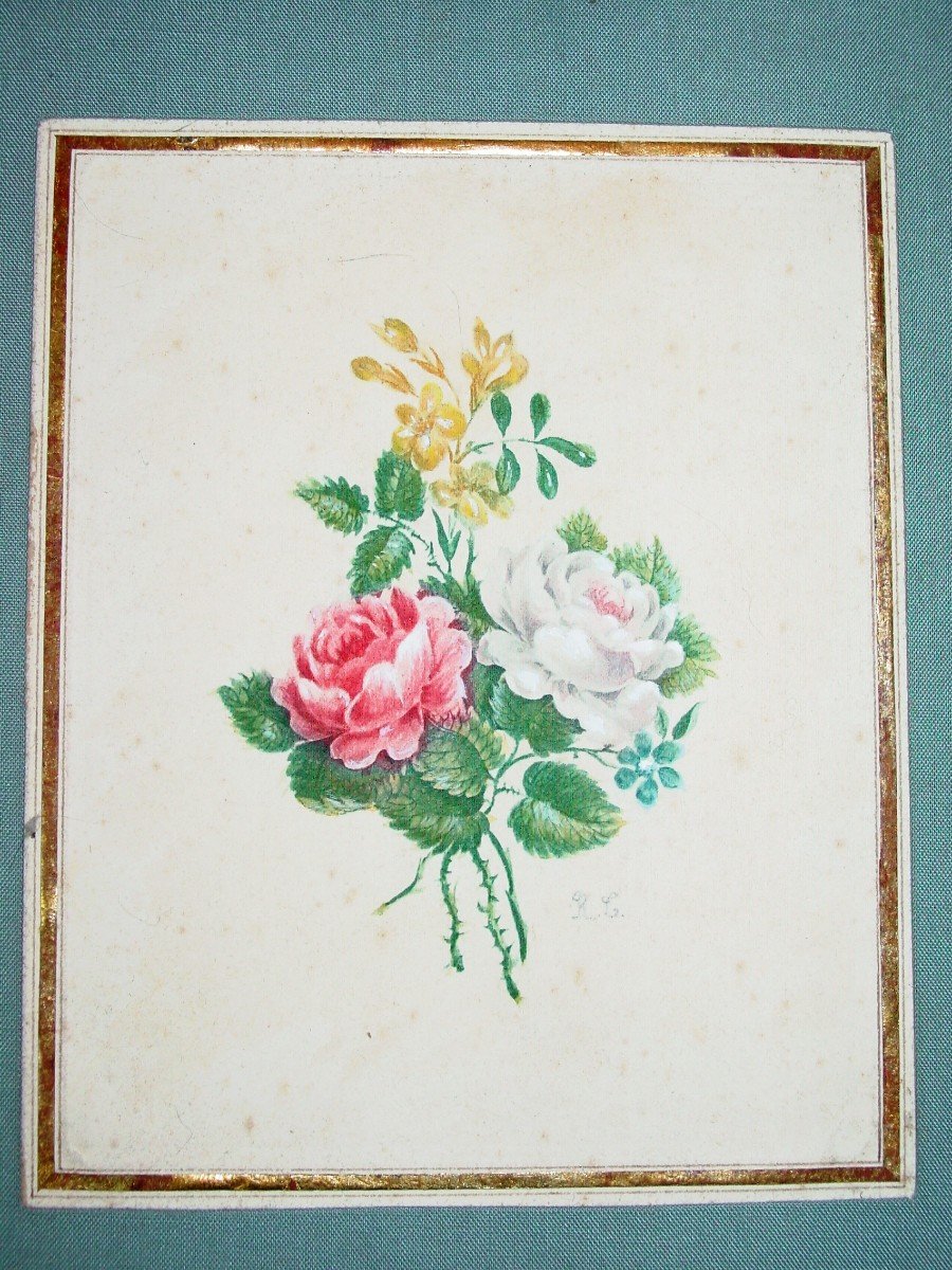 Bouquet De Roses à La Gouache Du 19ème Siècle Monogramme : R C-photo-2