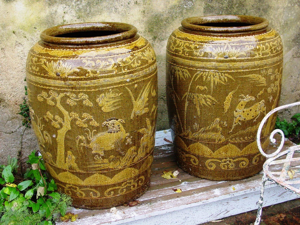 Pair Large Jars (ht 78 Cm.) Martaban Glazed Stoneware South East Asia Jar Potiche China