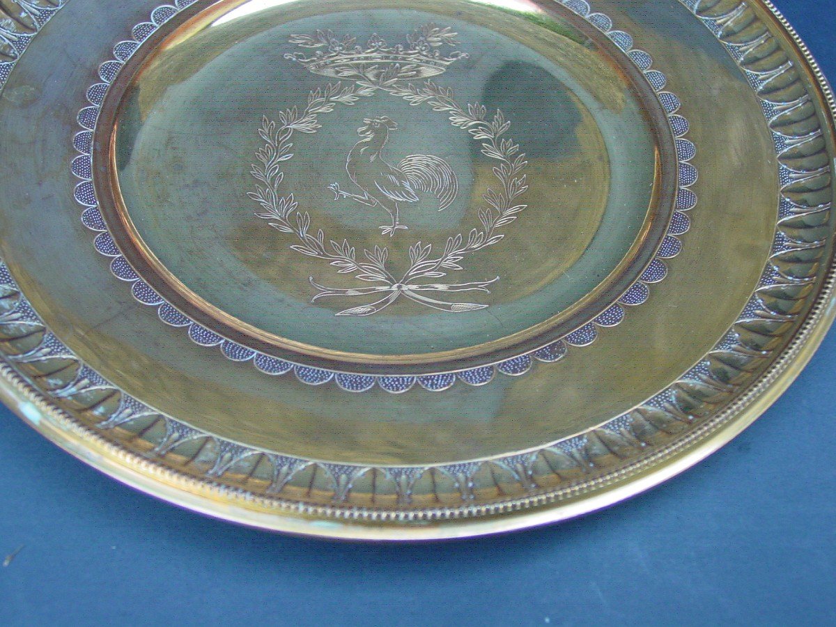 Plat Métal Doré  à Décor De Coq, Couronne Lauriers Style Empire-photo-3