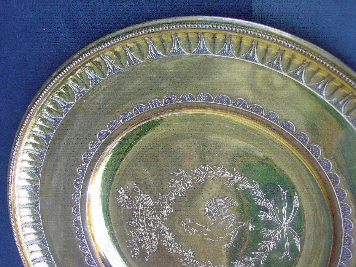 Golden Metal Dish With Rooster Decor, Empire Style Laurel Crown