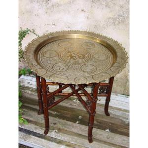 Indochina, Tea Table In Precious Wood And Engraved Brass Tray Vietnam