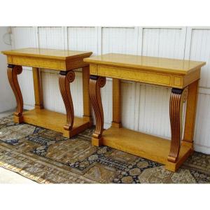 Pair Charles X Style Consoles In Speckled Maple Circa 19602-70 Stamped: M. Bart