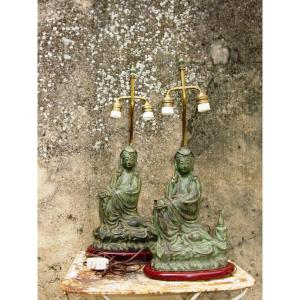 Pair Of Archaic Style Bronze Lamps China Circa 1970