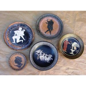 Set Of Five Glazed Earthenware Cups In Neo-greek Pompeian, Etruscan Style....
