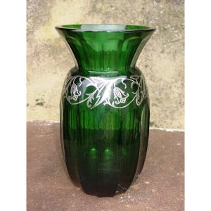 Grand & Lourd Vase Cristal Taillé (26 Cm.) Daum ? Saint Graal ? Art Nouveau Plaqué d'Argent