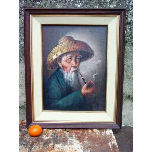 Vietnam - Indochina Oil/canvas Peasant With Pipe Circa 1940