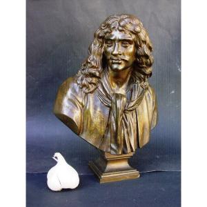 Quite Large Molière After Houdon Late 19th In Patinated Bronze