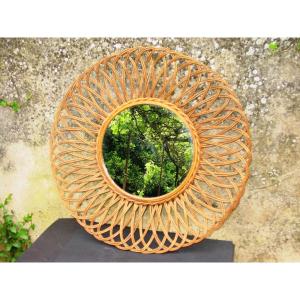 Miroir(dia: 60 Cm.) Soleil Osier 1960 Double Face Rotin