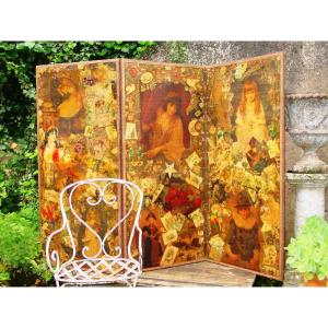Screen (ht 153 X 210 Cm.) Victorian Decorated With Chromos 1880-1900