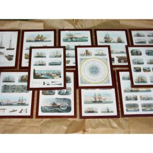 Suite De 13 Planches Lithographiées Sur La Marine à Voile Vers 1900