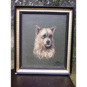 Portrait De Chien (cairn Terrier": Huile /toile Signée "petit"