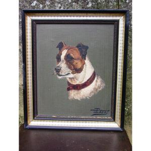 Portrait De Chien "jack Russel Terrier " Huile Sur Toile Fin 19ème