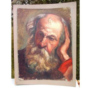 Oil On Cardboard From The 19th Century Portrait Of A Philosopher, A Biblical Character