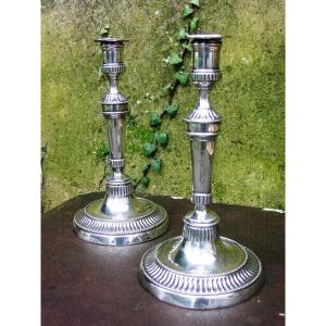 Pair Of 19th Century Louis XVI Silver Metal Candlesticks