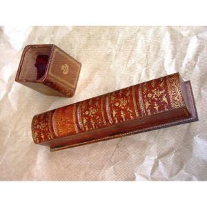 2 Leather Pen Holders Covered Desk Trim C. 1960 Louis XIV