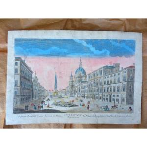 Vue d'Optique "le Palais De Pamphilius & Place Navone à Rome 18ème Siècle Réhaussée Aquarelle