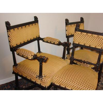 Fauteuil De Bureau S. Renaissance Napoléon III & Ses Deux Chauffeuses Velours De Gênes