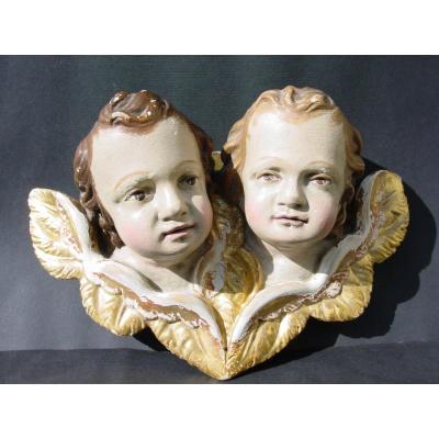 2 Têtes d'Anges Jumeaux  Tilleul Peint & dorés  19ème  Italie baroque, Bavière, Amours Putti 