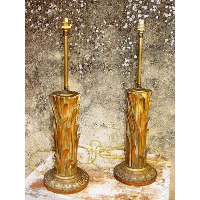 Pair Of Lamps With Golden Wood Decor Carved With Palm Feet