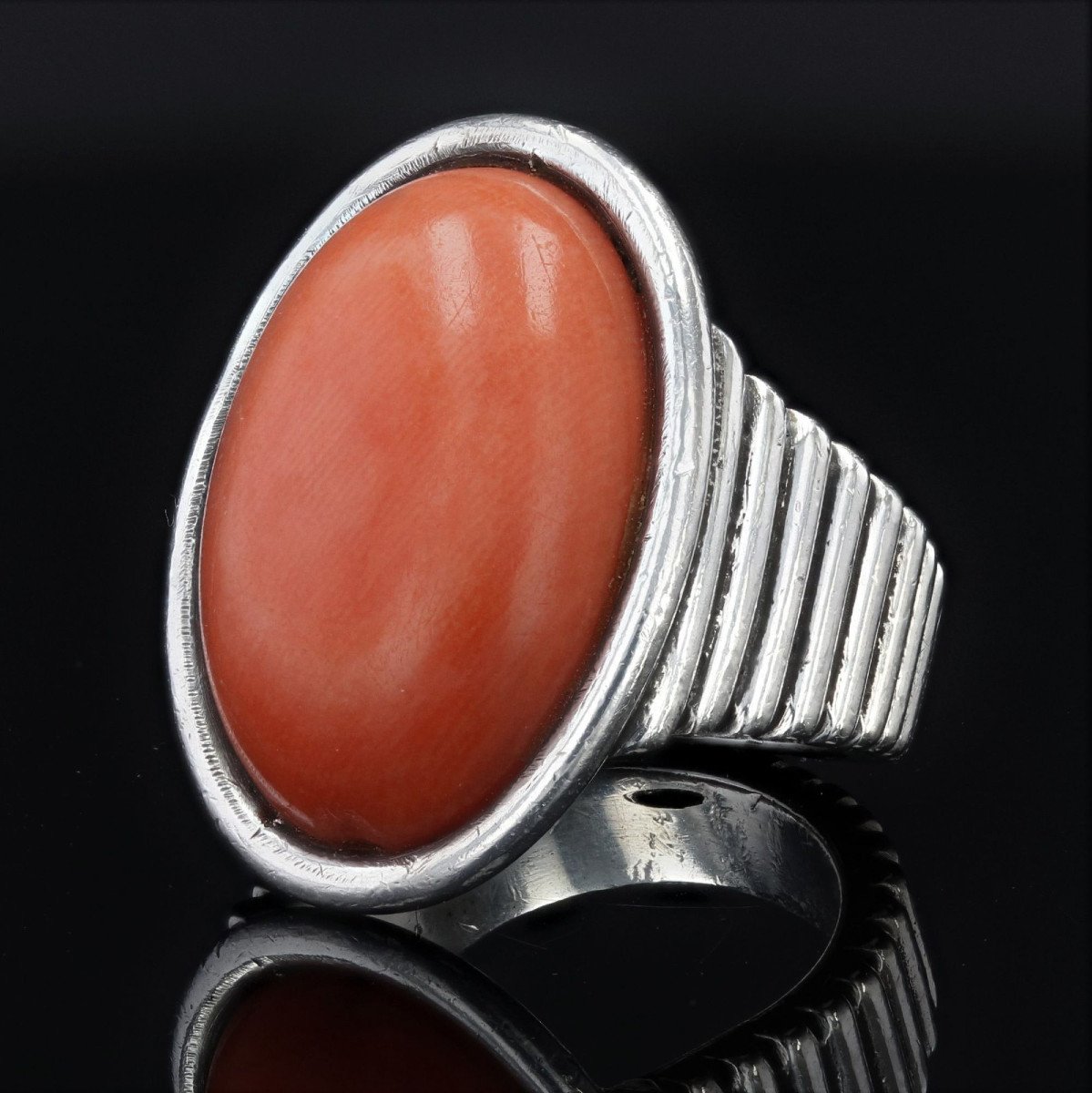 Silver Godroné And Cabochon Coral Ring-photo-4