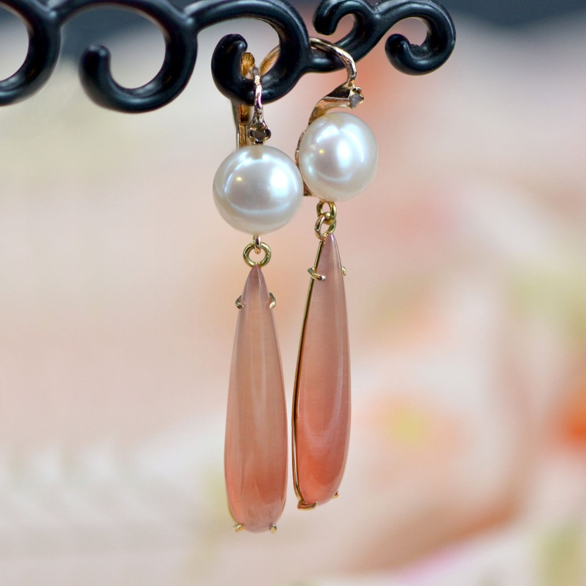 Boucles d'Oreilles Perles Diamants Gouttes De Grenats-photo-4