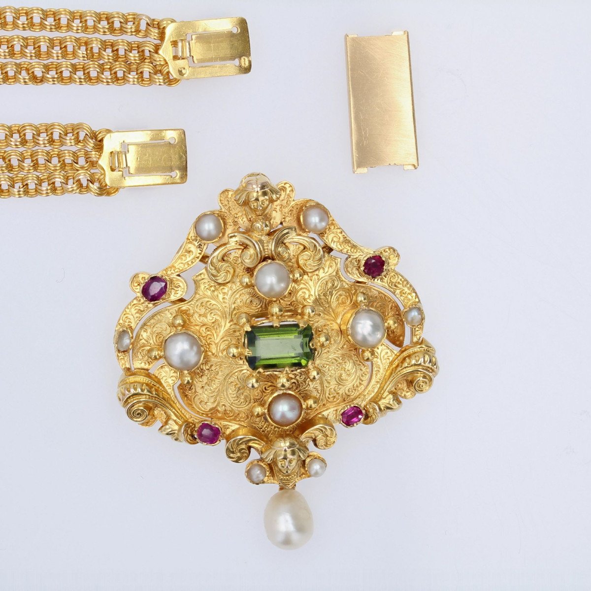 Old Convertible Gold Necklace Ruby Tourmaline Beads-photo-1