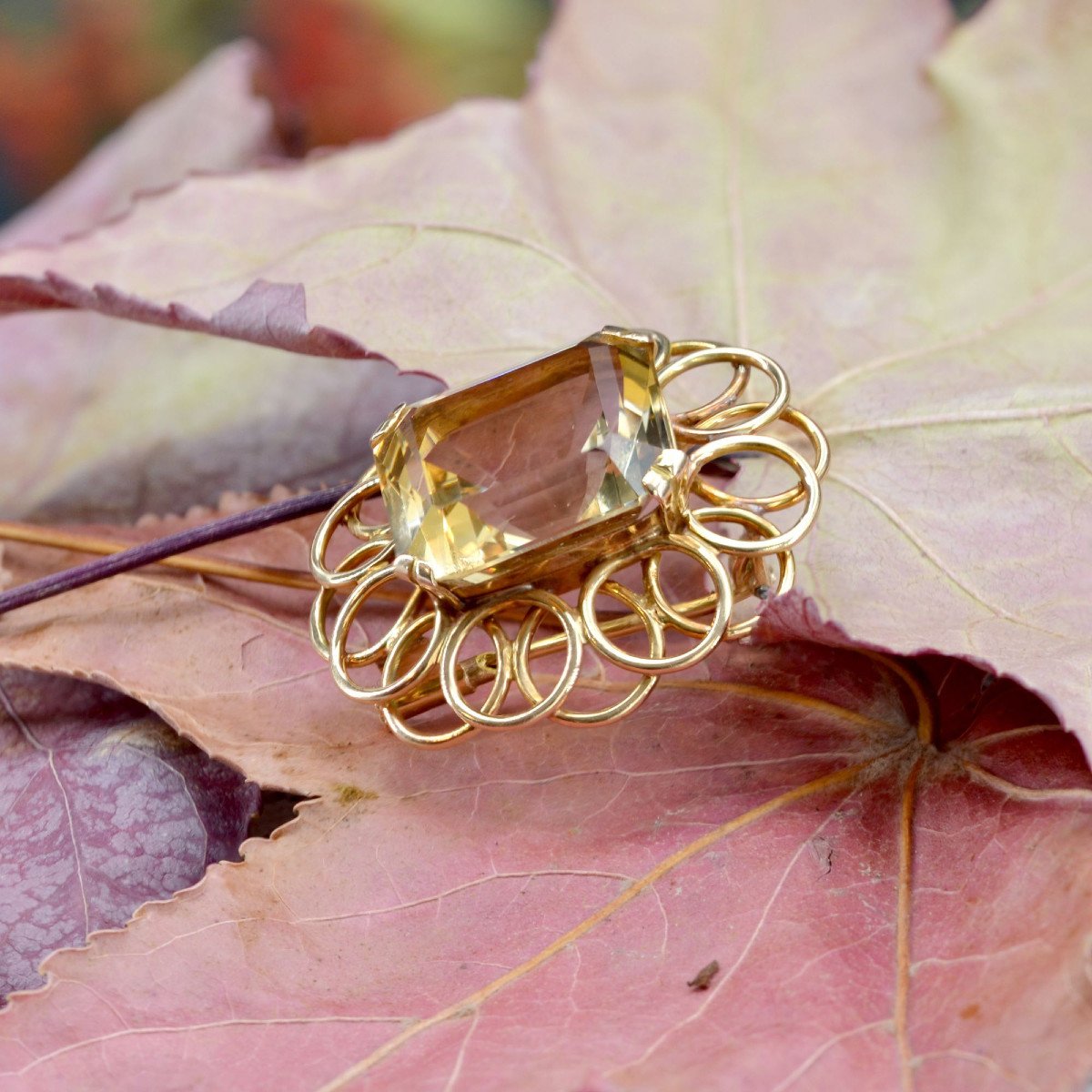 Vintage Gold Flower And Citrine Brooch-photo-5