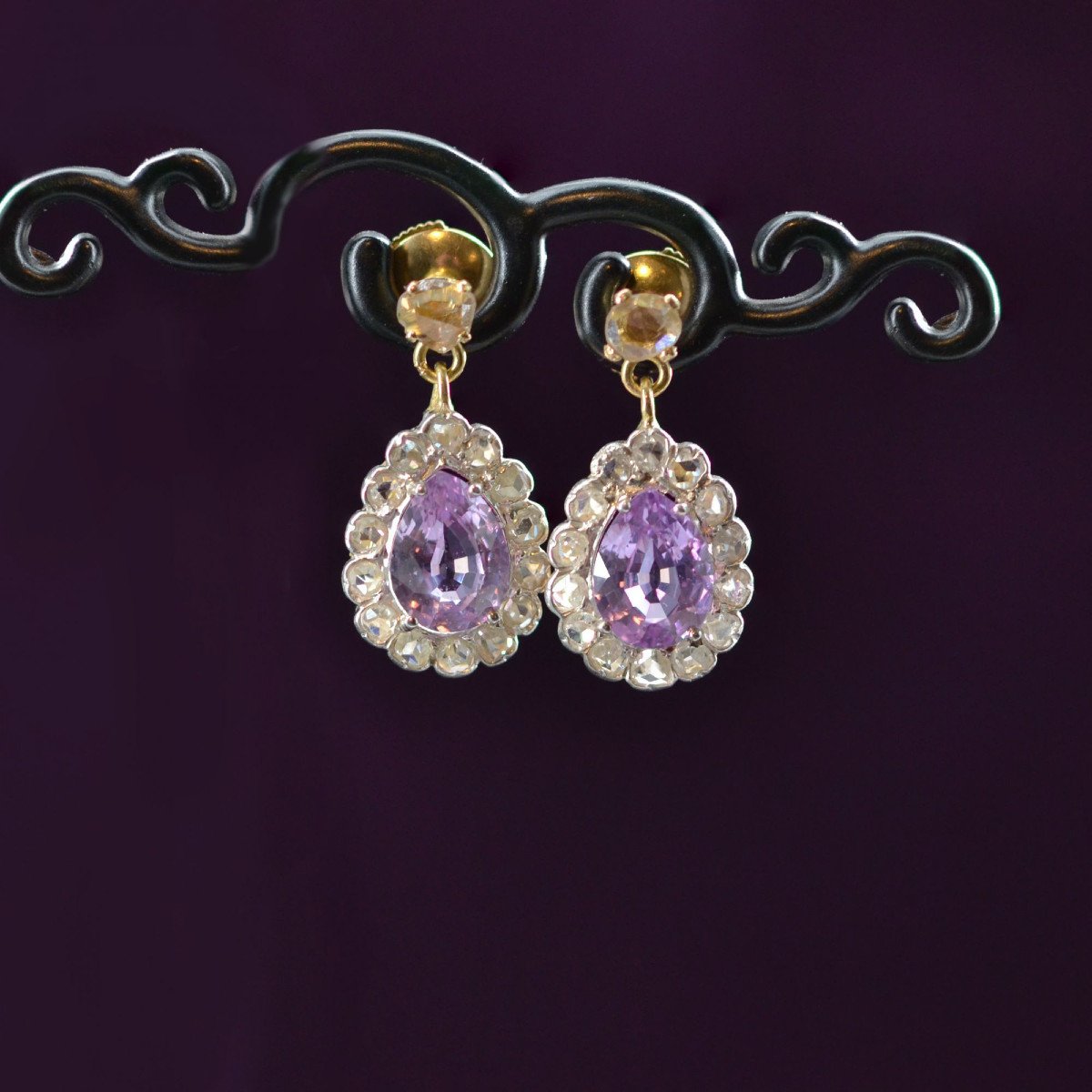 Boucles d'Oreilles Anciennes Saphirs Violet Et Diamants Taillés En Rose-photo-4