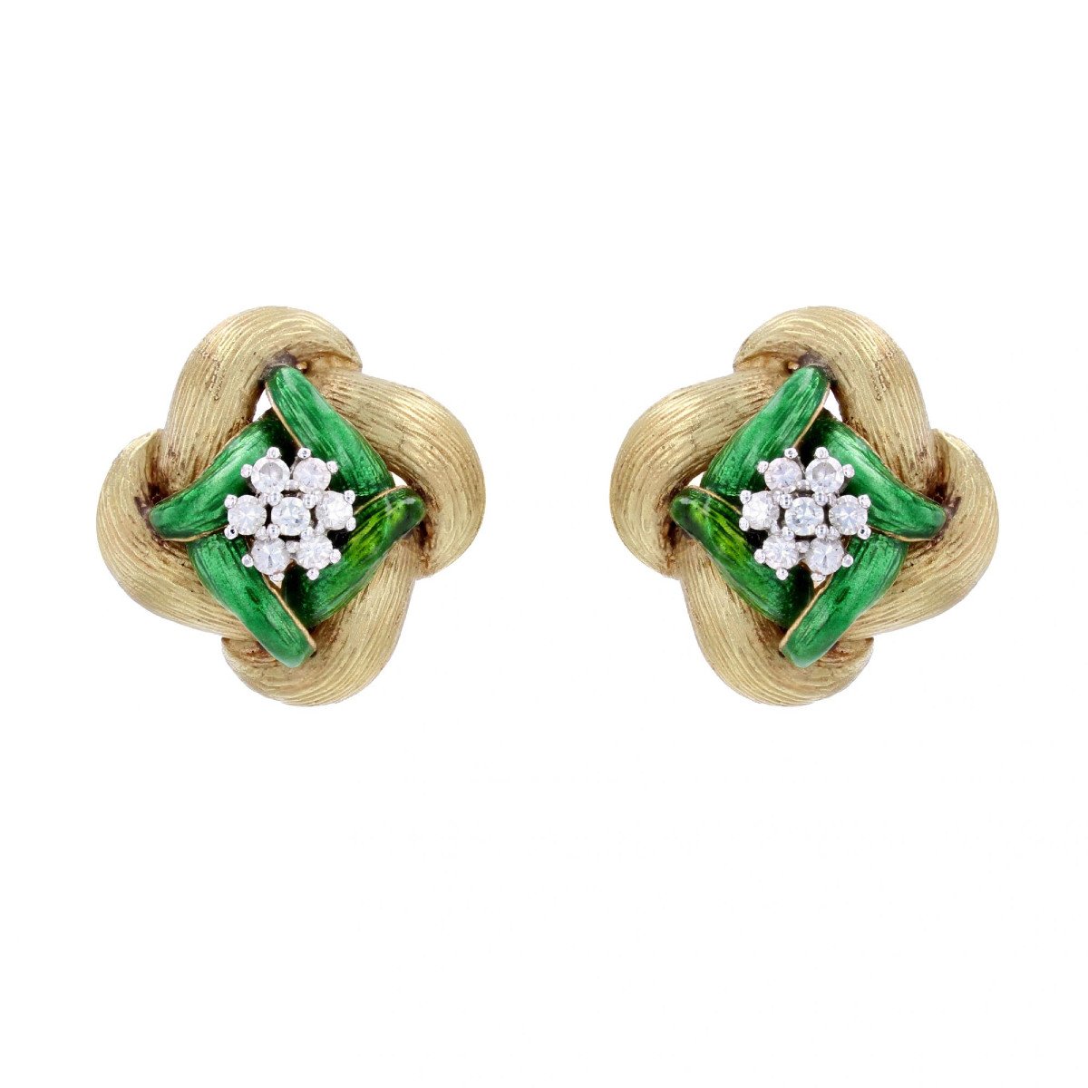 Green Enamel Diamond And Yellow Gold Earrings