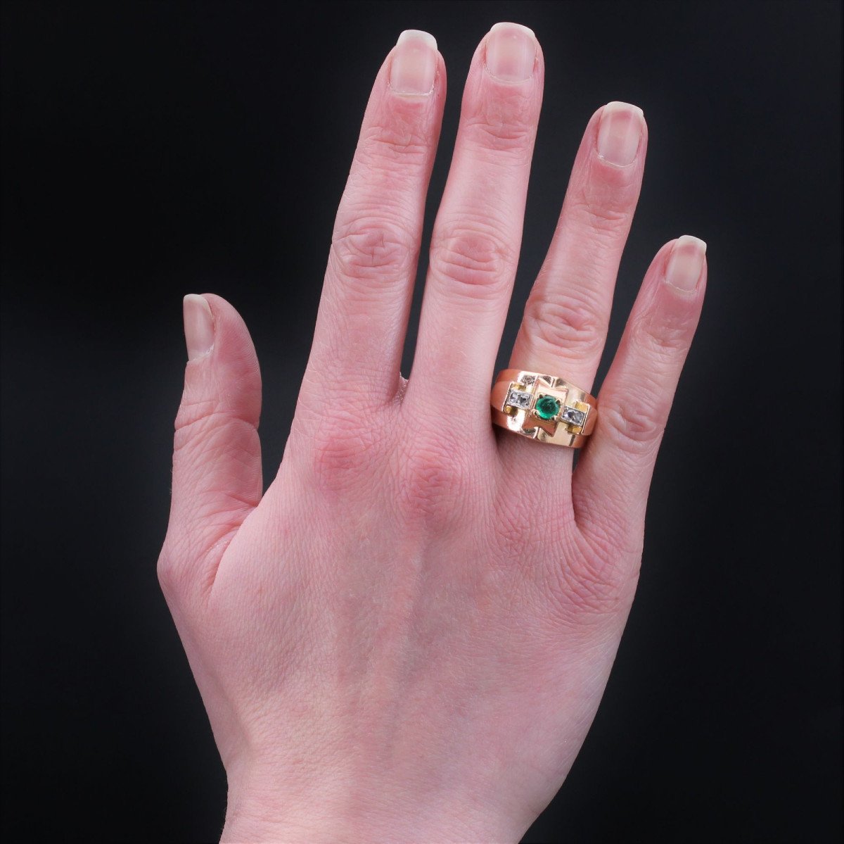 Antique Emerald Diamond Tank Ring-photo-2