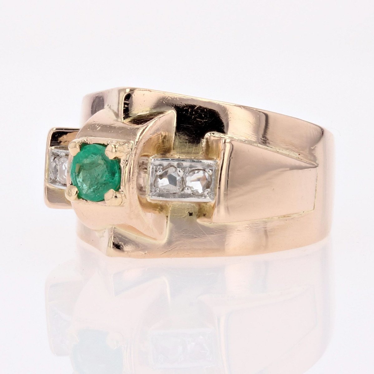 Antique Emerald Diamond Tank Ring-photo-3