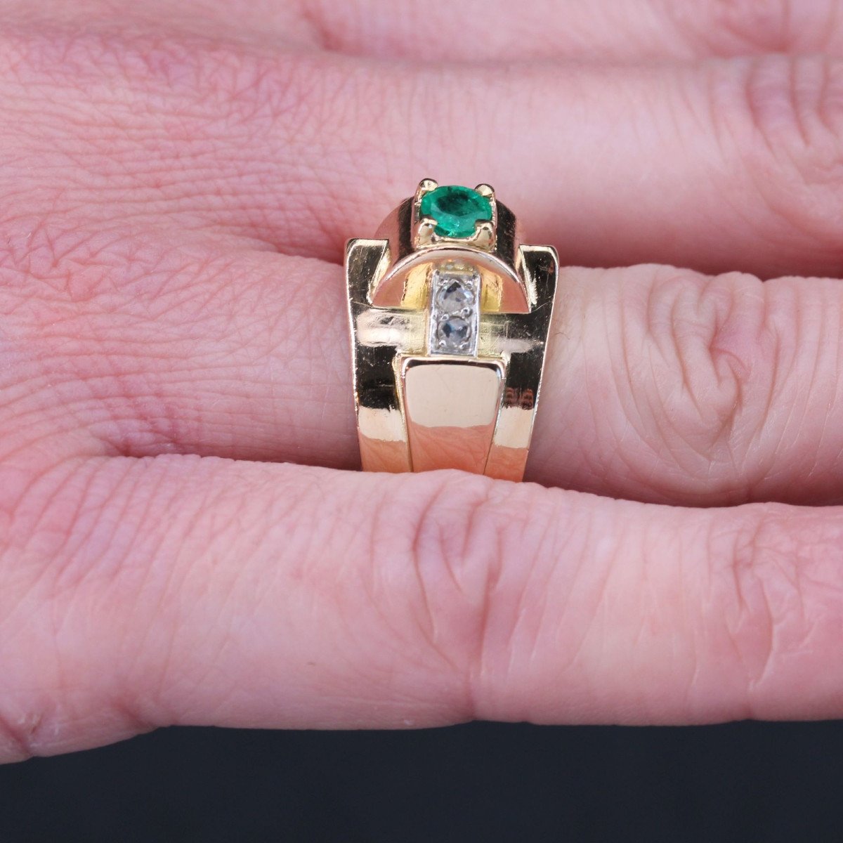 Antique Emerald Diamond Tank Ring-photo-4