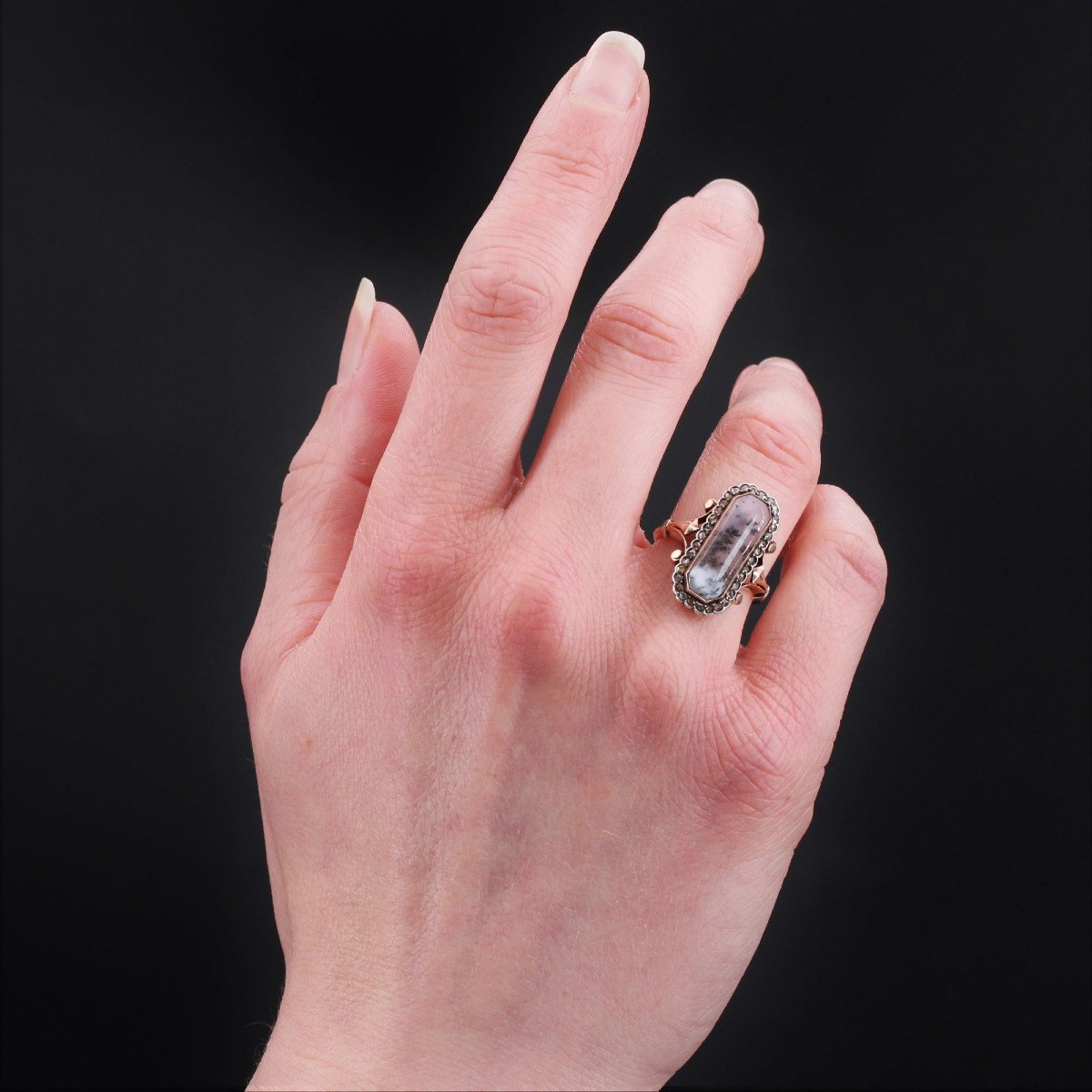 Old Agate Ring With Dentrite And Diamonds-photo-4