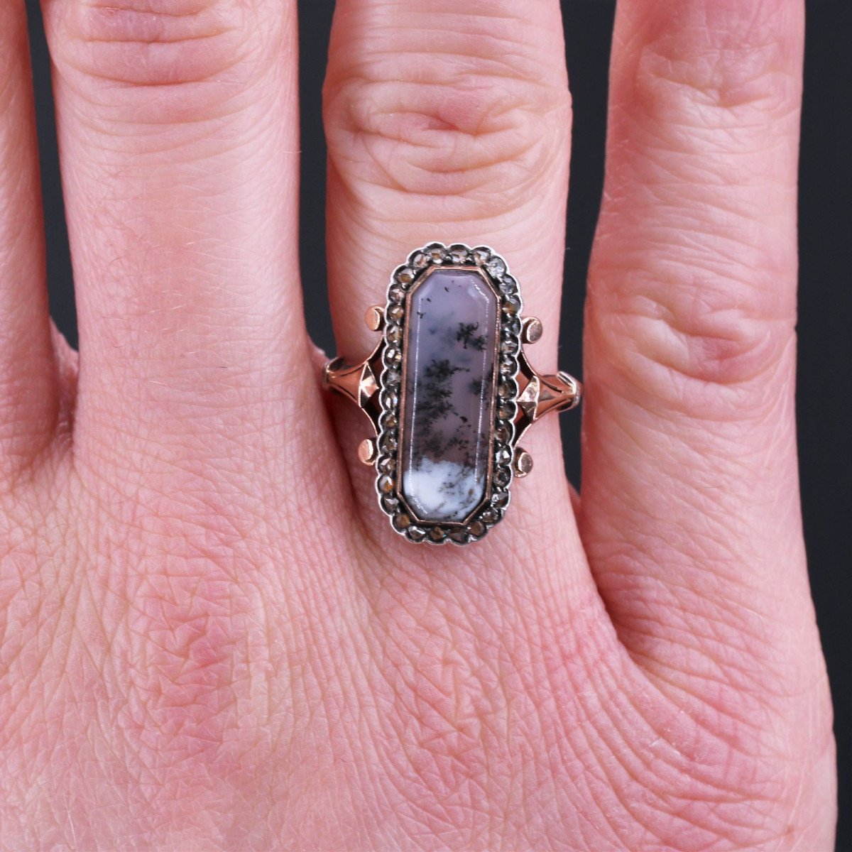 Old Agate Ring With Dentrite And Diamonds-photo-2