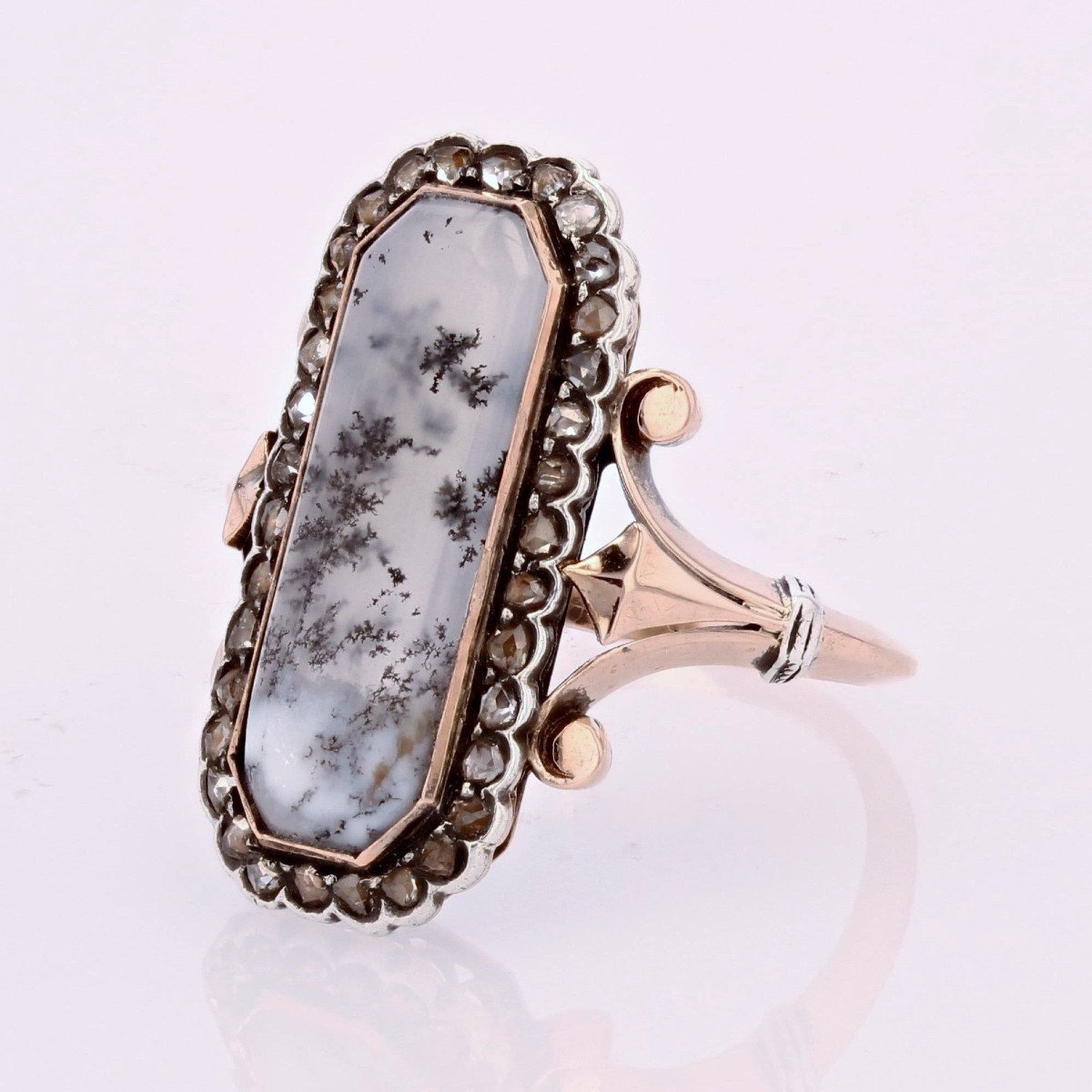 Old Agate Ring With Dentrite And Diamonds-photo-4