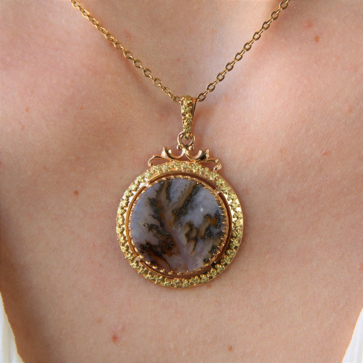 Antique Dendritic Agate And Gold Pendant-photo-6